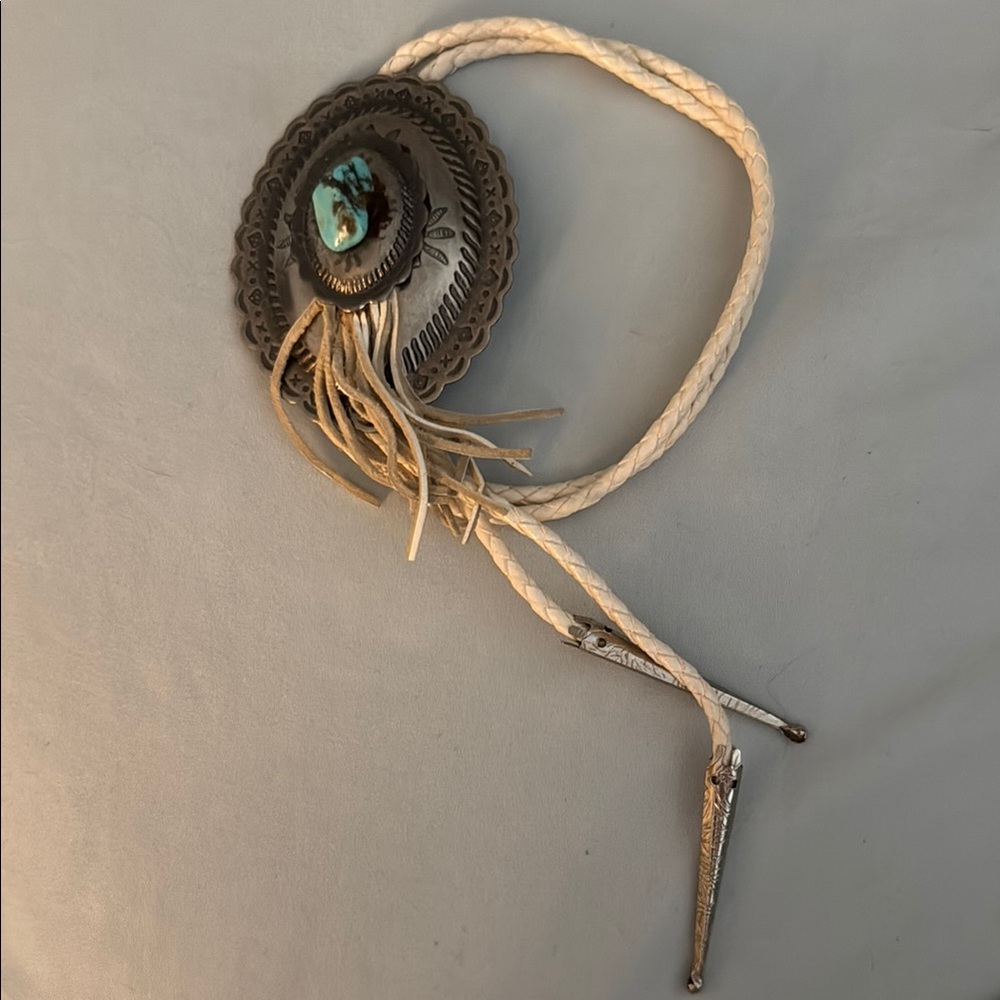 Silver and Turquoise Bolo Tie & Earring Costume Jewelry Set